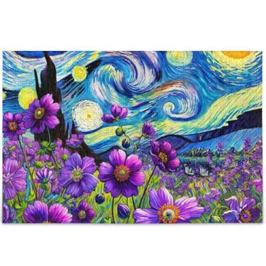 Imagem de Quebra-cabeça personalizado noite estrelada flores violeta 1000 peças arte animal adulto flor arte exclusivo amigos família jogos presentes, 75 cm x 50 cm