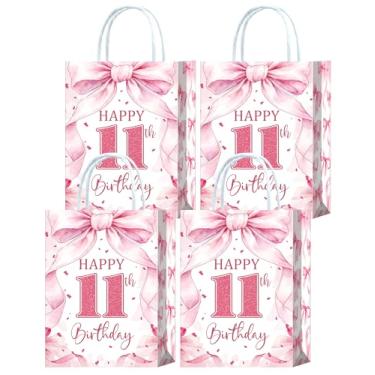 Imagem de Roselush 16 peças de sacos de lembrancinha de festa de aniversário de 11 anos com laço rosa - sacos de presente e sacolas de presentes para meninas, decorações de aniversário de laço rosa, 11
