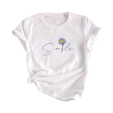 Imagem de Camiseta Feminina De Verão Com Estampa Floral E Letras, Gola Redonda, 
