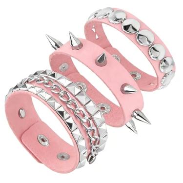 Imagem de Tosmifairy Conjunto de 3 pulseiras masculinas de couro sintético cravejadas punk-rock Y2K emo acessórios de pulseira larga para meninos ou meninas adolescentes, One Size, Couro sintético, Sem pedras