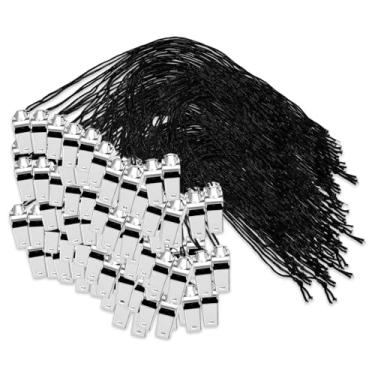 Imagem de Meyeyaia Pacote com 100 apitos de aço inoxidável, apito de árbitro prateado com cordão de metal para treinadores, árbitros, treinamento esportivo