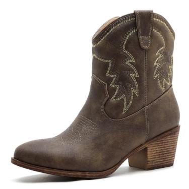 Imagem de GLOBALWIN Botas femininas caubói marrom no tornozelo com costura bordada salto baixo botas ocidentais confortáveis para roupas country, Marrom 25yy04, 38