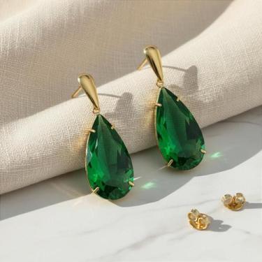 Imagem de Brinco de Ouro 18k com Gota Alongada e Pedra Verde Esmeralda - no-bran