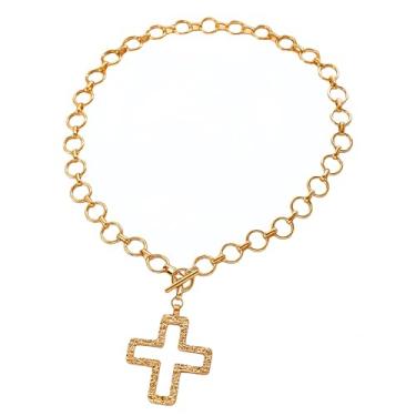 Imagem de IN Chenthy Colar de cruz grossa para mulheres - Pingente de cruz em negrito banhado a ouro 14K com corrente de clipe de papel e fecho OT, colar hipoalergênico com pingente de declaração, Cobre, Sem