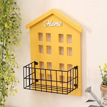 Imagem de HHHJQFAAT Prateleiras flutuantes, prateleiras de parede, expositores, organizador de armazenamento, tábua de madeira e cesta de ferro para exibição de armazenamento de quarto (amarelo)