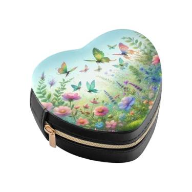 Imagem de Burbuja Caixa de joias em forma de coração de jardim de primavera, mini estojo de joias de viagem para mulheres e meninas, organizador portátil de armazenamento para brincos, anéis, colares e