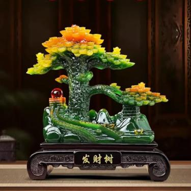 Imagem de FENNYYAR Enfeite de resina estilo chinês de pinheiro da sorte Feng Shui, 38 cm, decoração de mesa de escritório para sala de estar