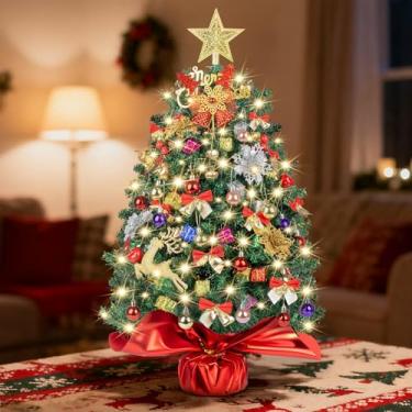 Imagem de Árvore de Natal pequena com luzes, árvore de Natal de mesa de 61 cm/2FT com 100 galhos, 70 enfeites de árvore artificial pequena XMS para mesa, mesa, casa, decoração de Natal