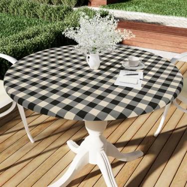 Imagem de Smiry Toalha de mesa redonda de piquenique, toalha de mesa elástica impermeável de vinil para mesas de 114 a 142 cm, capa de mesa xadrez de búfalo com forro de flanela para jantar, acampamento, ao ar