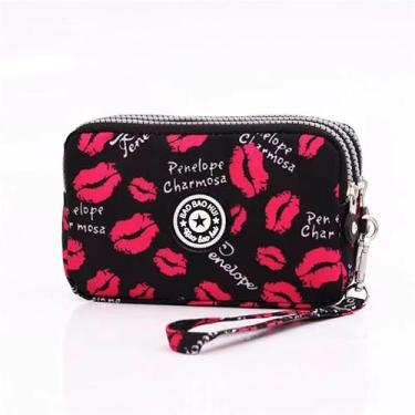 Imagem de Carteira de pulso de grande capacidade – Bolsa feminina de nylon estampada à prova d'água, Lábios vermelhos, Bonito