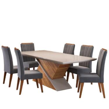 Imagem de Conjunto De Mesa Sala De Jantar Tampo Com Vidro Engel 1,80m 6 Cadeiras Sofia Viero Off White / Cinza