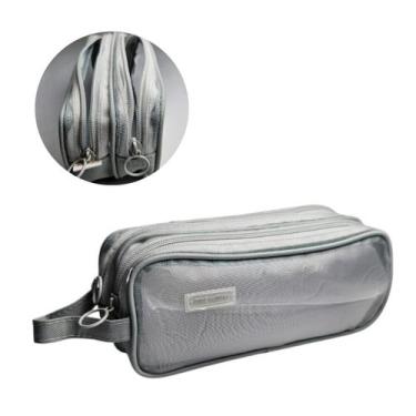 Imagem de Estojo Premium Cinza Transparente Duplo Escolar e Maquiagem Material A