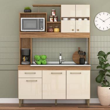 Imagem de Cozinha Compacta 145cm 5 Portas 1 Gaveta Smile Mel/Off White