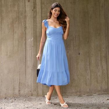 Imagem de Vestido Midi Com Babado e Fenda Feminina Revanche Vanariona, G, Azul c