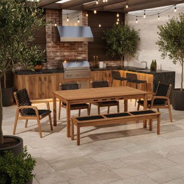 Imagem de Mesa de Jantar Com Banco de Madeira 180cm e 04 Cadeiras Trammare C07 Corda Preta - Lyam Decor