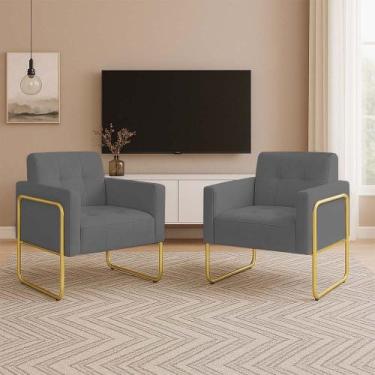 Imagem de Poltrona Sala Industrial Alta Tubo Dourado Kit 2 Elisa Suede Grafite D