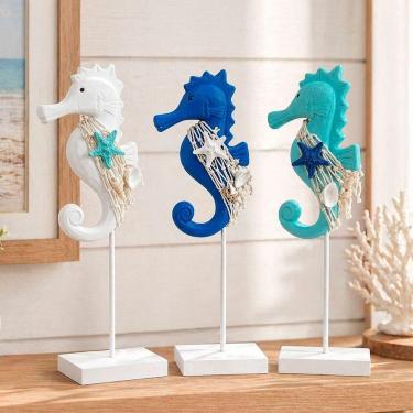 Imagem de Kit 3 Enfeites Cavalo Marinho em Madeira 30cm Azul Turquesa e Branco
