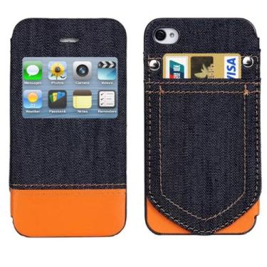 Imagem de Capa ultra fina estilo jeans horizontal flip capa de couro com compartimentos para cartão de crédito e ID de exibição de chamada para iPhone 4 e 4S (rosa) capa traseira para telefone (cor: laranja)