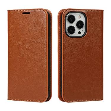 Imagem de GSYH Capa para iPhone 13 Pro Max, Capa carteira de couro legítimo com suporte para cartão Capa magnética Proteção de câmera Estilo livro Capa flip TPU Shell, Marrom