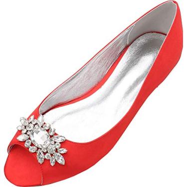 Imagem de Sapato de casamento feminino peep toe strass sem salto para noivas dama de honra, Vermelho, 8.5
