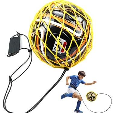 Imagem de Treinador de chute de futebol mãos livres design de rede cinto ajustável treinamento auxílio controle habilidades solo kit de prática serve para bola tamanho 3, 4 e 5, amarelo, 1,5 m