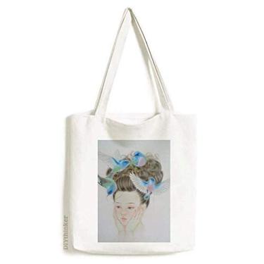 Imagem de Pretty Girl Bolsa de lona com pintura chinesa pássaro azul bolsa de compras casual bolsa de mão