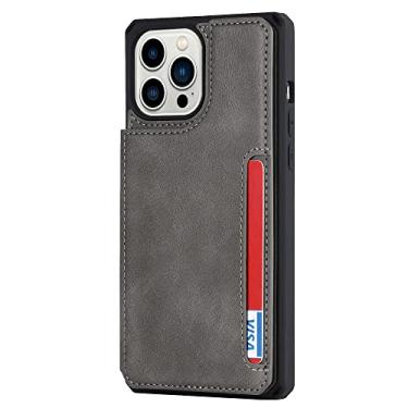 Imagem de Capa de couro flip para iPhone 12 13 Mini 14 11 Pro Max Carteira Capa para telefone com suporte para slot para cartão de crédito Stand & Correia, cinza, para iPhone 11Pro Max