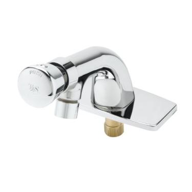 Imagem de T&S Brass Torneira de medição B-0805-VR-VF05 com temperatura única, tampa de botão de pressão, placa e spray não aerado de 0,5 Gpm