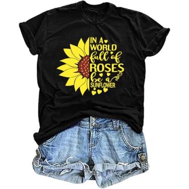 Imagem de Camisetas femininas com estampa de flores de girassol camisetas inspiradoras casuais Faith Shirt Tops, Rosa - preto, P