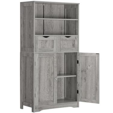 Imagem de Iwell Armário de armazenamento alto com 2 gavetas e prateleiras ajustáveis, armário de banheiro com portas, armário, armário de chão para sala de estar, quarto, entrada, cinza