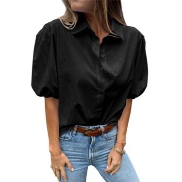 Imagem de Tankaneo Camisas femininas de botão, manga bufante curta, gola e blusa casual elegante, Preto, GG