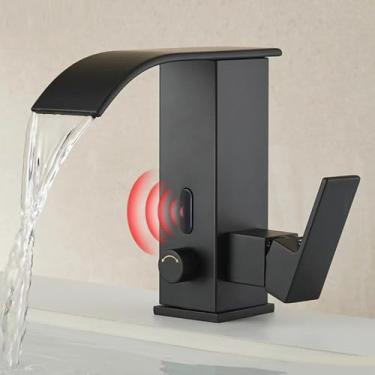 Imagem de Torneira de lavatório torneira de sensor inteligente, quente e frio totalmente automático manual duplo uso torneira lavatório cachoeira (cor: preto fosco)