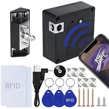 Imagem de Gnellkoor Fechadura de armário RFID, gaveta de RFID, fechaduras eletrônicas, suporte para desbloqueio de NFC, faca de madeira escondida para remédios, gaveta de armário de licores para evitar roubo ou