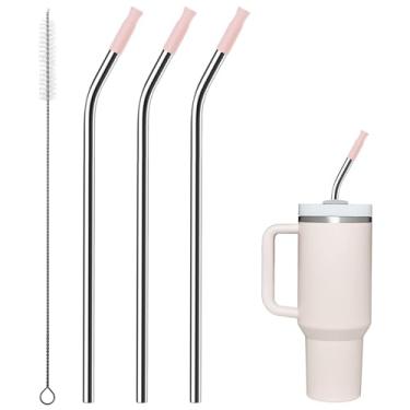Imagem de Prurex Canudos de metal dobrados para copo Stanley de 1,134 g, pacote com 3 canudos reutilizáveis de aço inoxidável com pontas de silicone e escova de limpeza de palha, apto para café, livre de BPA