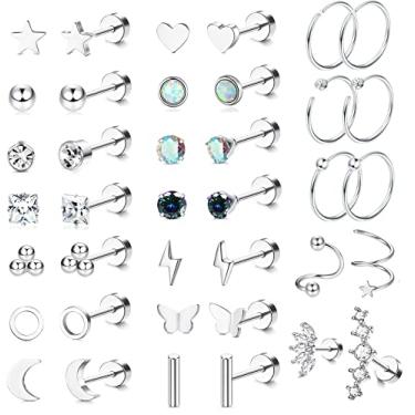Imagem de YADOCA Conjunto de brincos de aço cirúrgico - brincos femininos e masculinos pequenos CZ coração estrela lua - hipoalergênico 20 g minúscula cartilagem argola helix tragus daith piercing joias, Metal