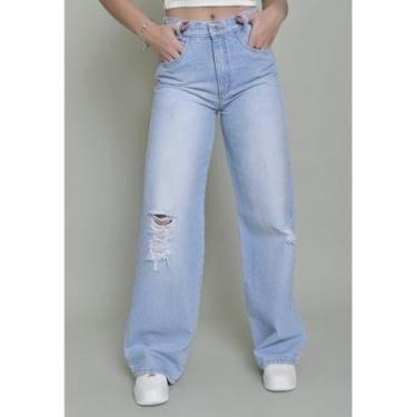 Imagem de Calça Jeans Wide Leg Feminina Delavê Com Rasgo Di-Feminino