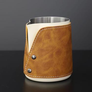 Imagem de Coosigar Jarra de espuma de leite sem alça de 450 ml, aço inoxidável 304, espumador de leite, copo de jarra de leite, latte art (branco creme)