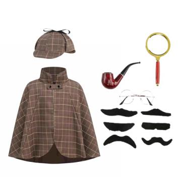 Imagem de AGCOAH Fantasia de detetive infantil para meninas, meninos, Sherlock Holmes, 6 peças com lupa, cosplay de Halloween (3-12 anos), Marrom, 15.7inch