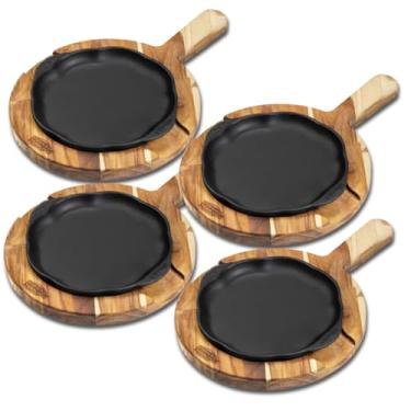Imagem de Kit 4 Chapas 20cm em Ferro Fundido com Suporte de Madeira Panela Mineira Elétrico Indução Forno (Preto)
