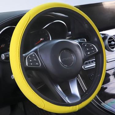 Imagem de SZYUESU Capa de volante de carro de couro macio, antiderrapante, respirável, ventilador esportivo, tamanho padrão universal 36,8-38 cm, amarelo