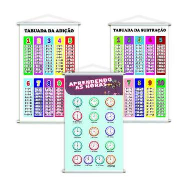 Imagem de Aprender As Horas + Adição + Subtração Kit 3 Banners 80X50Cm - Plimsho