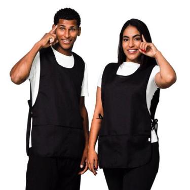 Imagem de Kit 10 Avental Bata Com 2 Bolsos Oxford LojaLoja Liso Preto Frente e C