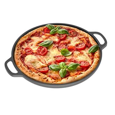 Imagem de Chef Pomodoro Frigideira de pizza de ferro fundido, frigideira pré-temperada de 30,48 cm, com alças, assadeira, grelha redonda para Dosa Tawa Roti, Comal para tortilhas, fogão de assar, forno, churrasqueira grelha e fogueira