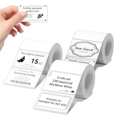 Imagem de NIIMBOT Conjunto de 3 rolos de etiquetas para impressora de adesivos B1/B21/B3S, 50 x 30 mm (1,97" x 1,18 pol.), 230 etiquetas/rolo, refil de fita de etiquetagem para casa, escola, escritório,