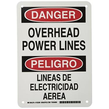 Imagem de Brady Placa bilíngue 125295, legenda "Overhead Power Lines/Lineas De Electricidad Aerea", 25,4 cm de altura, 17,8 cm de largura, preto e vermelho em branco