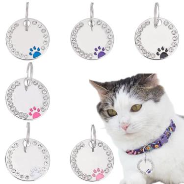 Imagem de WADORN 6 peças de etiquetas para animais de estimação, pingentes de cachorro de gato brilhante gravados com glitter, chaveiro, berloques, acessórios, bolsa redonda fofa com estampa de pata, berloques,