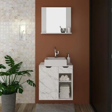 Imagem de Kit Banheiro com Cuba, Espelho e Gabinete Branco Mármore Branco Tecno Mobili