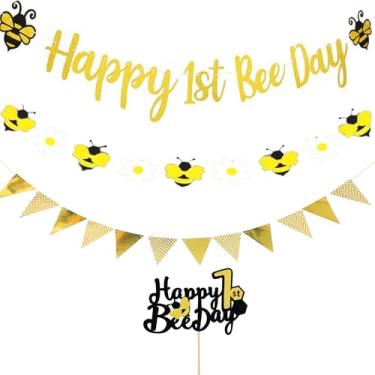 Imagem de Happy 1st Bee Day Banner Bumble Bee Daisy Banner Bumble Bee Theme Baby Shower Party Supplies Bee Gender Revelar Decorações de festa de aniversário Decorações de bolo de abelha