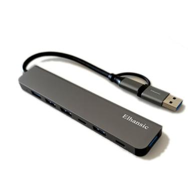 Imagem de Elhansic 超薄型アルミニウムUSBハブアダプター 7ポート付き ノートパソコンとデスクトップ用 - USB 3.0と2.0対応, スペースグレー (Space Gray), ABL-T011