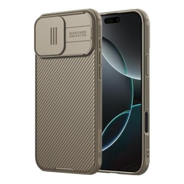 Imagem de Nillkin Capa para iPhone 16 Pro com capa deslizante para câmera, [proteção atualizada da lente da câmera] Capa protetora fina à prova de choque para iPhone 16 Pro de 6,3 polegadas, preta - dourada